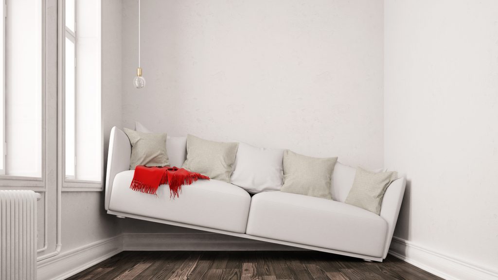Small narrow living room with space problems and a sofa between