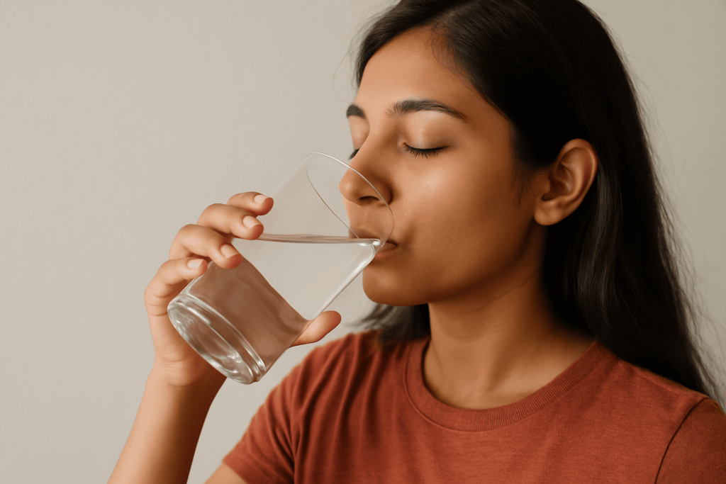 a woman drinking a glass of water