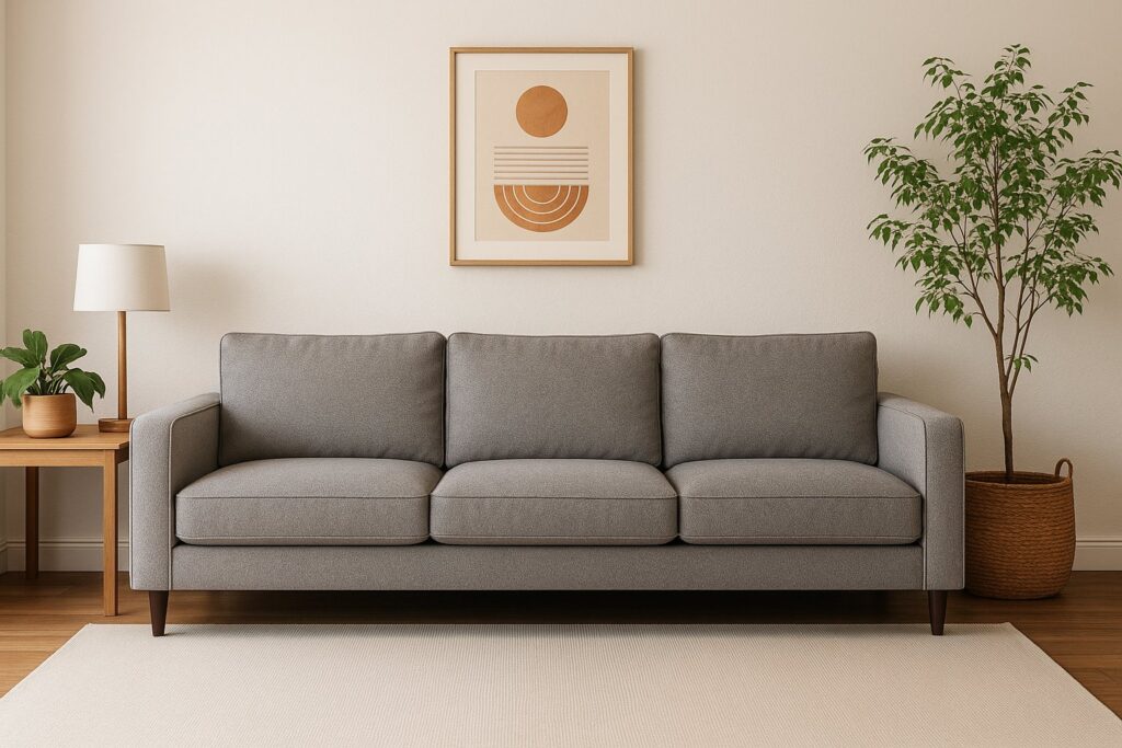 a grey sofa in the living room
