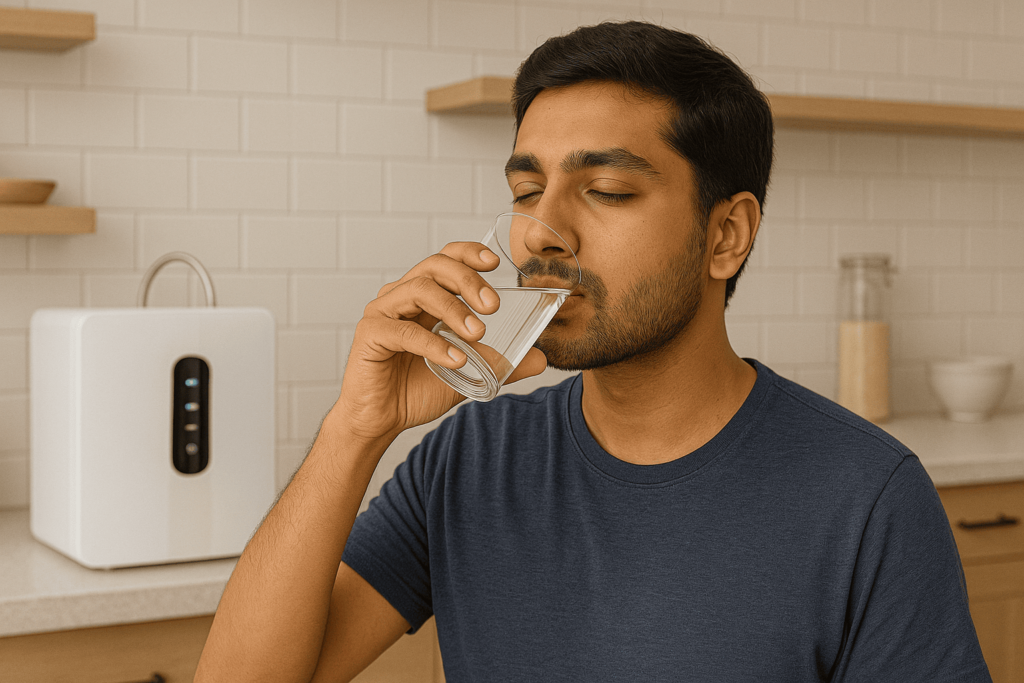 a man drinking a glass of water