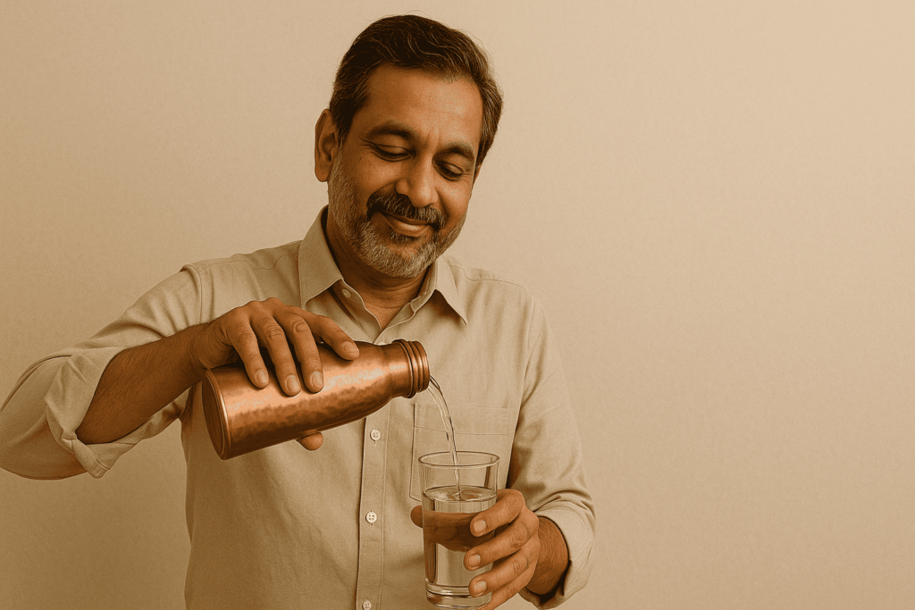 a man pouring water from copper bottle