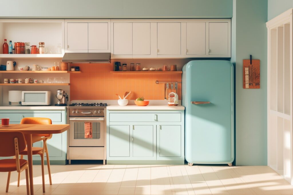 a kitchen with a fridge