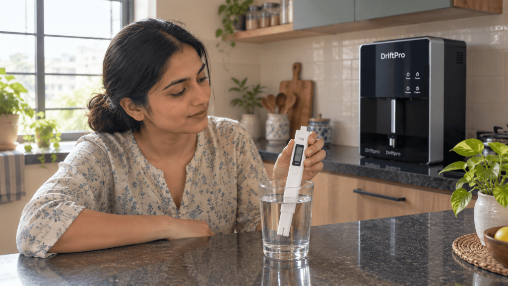 a woman with TDS meter and a water purifier in the kitchen